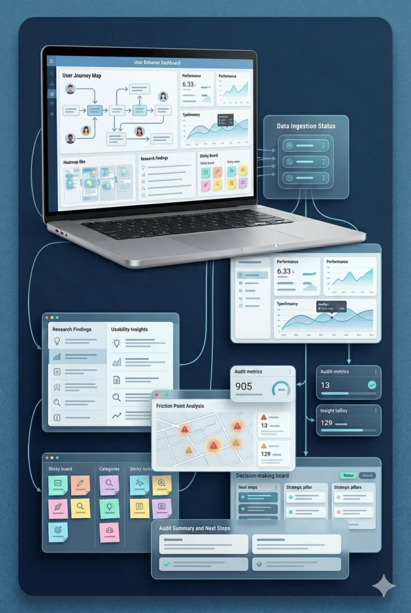 UX research and audit for analyzing product flows, user behavior, and interface friction points