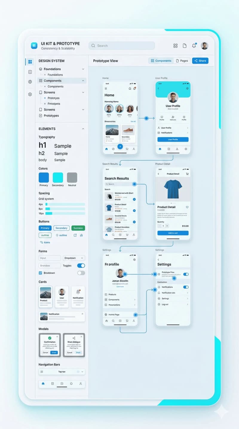 Wireframes and user flows for planning screen structure, hierarchy, and key product journeys